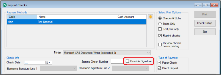 Image showing the override signature box.